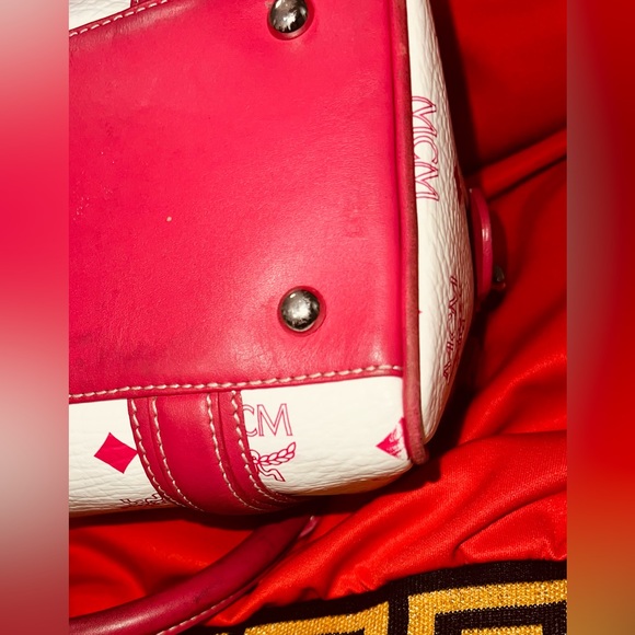 Red and White MCM Small Boston Satchel Bag w/ Brown Suede liner. MCM Monogram - Picture 10 of 16